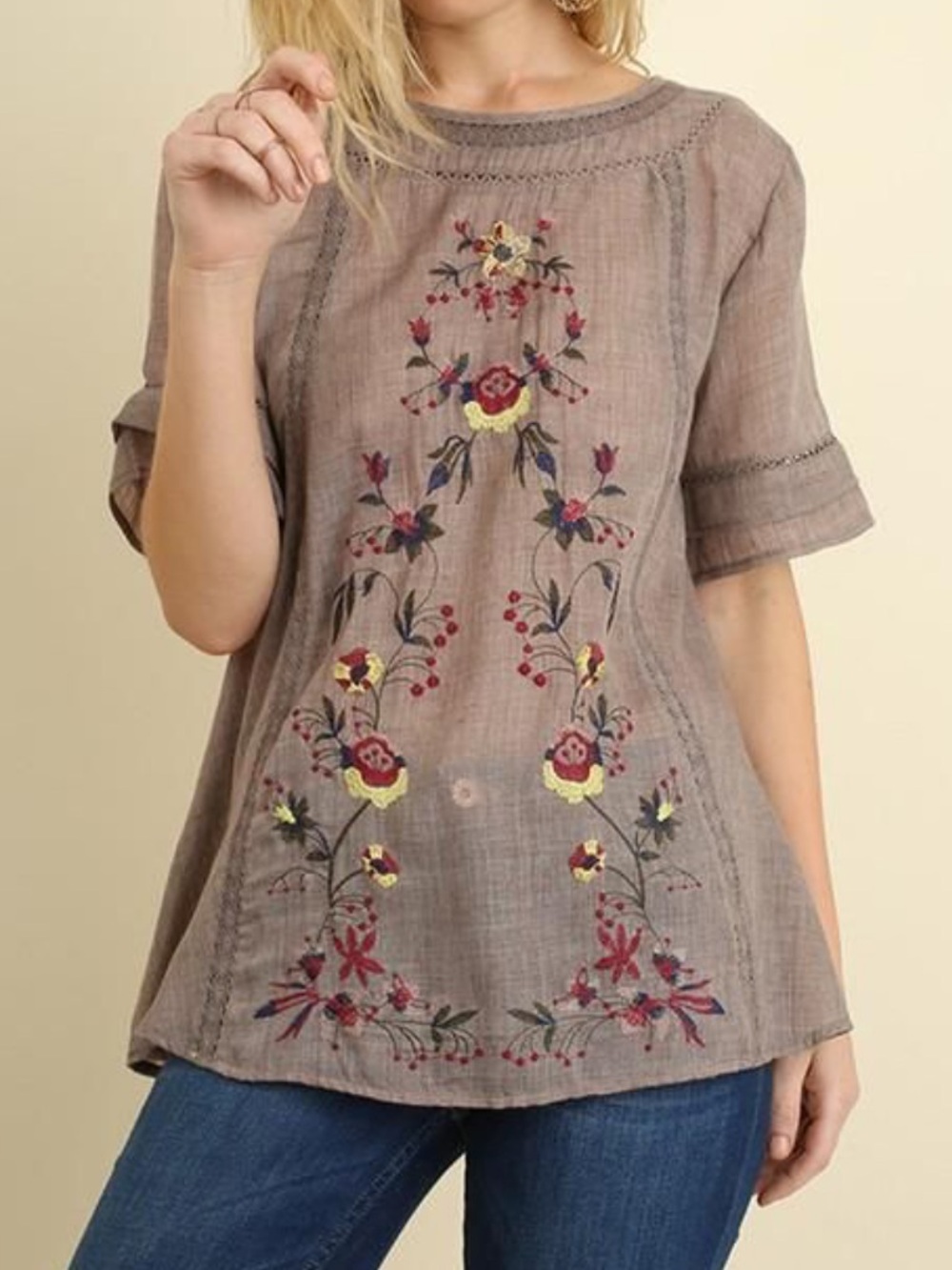 Umgee Embroidered Taupe Floral Short-Sleeve